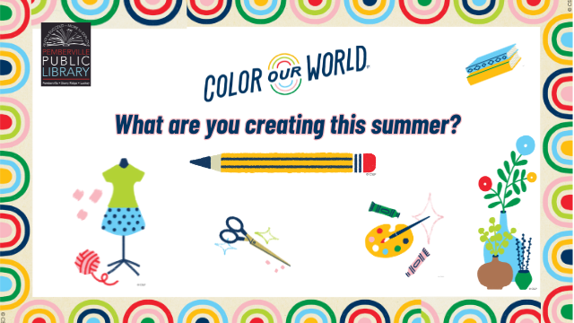 "What are you creating this summer" with animated rainbow borders, a plant, pencil and painting palette