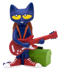 a blue cat standing on two feet with a backpack, tennis shoes and a guitar on