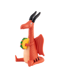 a red dragon with wings and black horns holding a taco