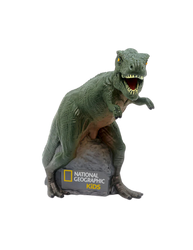 Green realistic T-rex dinosaur and a rock that says national geographic kids