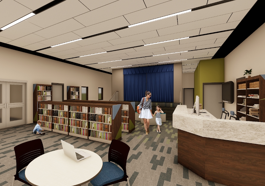 digital rendering of the interior of the Luckey Branch with a mother and daughter walking