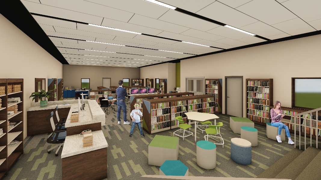 interior of the new Luckey Branch Library with children walking and adults reading on the chairs