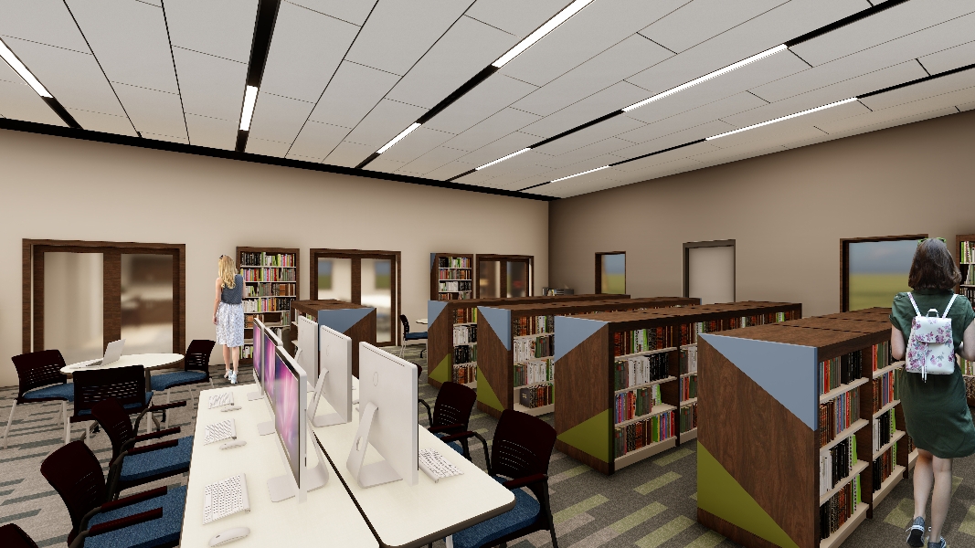 interior of the new Luckey branch with book shelves and the computer station