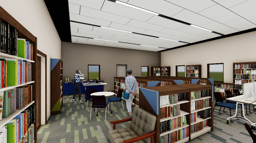 new Luckey interior with view of Makerspace and book shelves