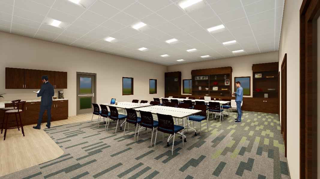 digital rendering of the new communty room with tables and chairs and a coffee bar