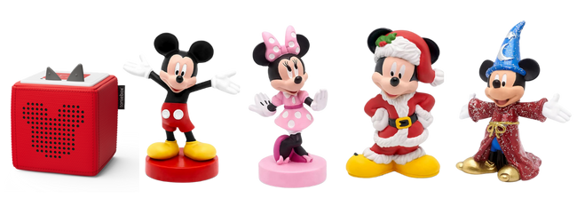 red speaker box and 3 different mickey mouse forms and a minnie mouse