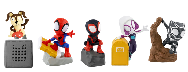 a grey speaker box with a puppy on top and four different spiderman characters
