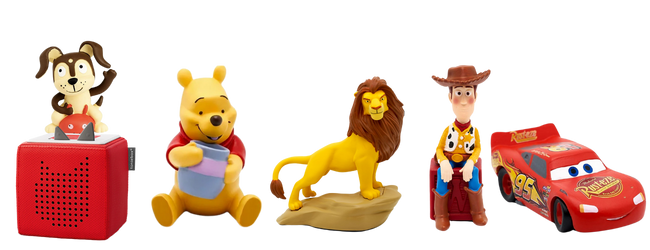 red speaker box and a dog on top, Winnie the Pooh, Lion king on a rock, a toy cowbow sitting on a box and a race car