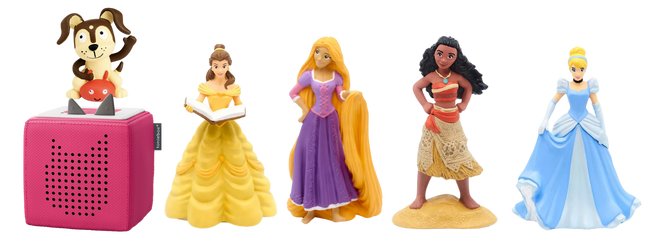 Pink speaker box with a puppy on top, Disney Princesses: Belle, Repunzel, Moana, and Cinderella