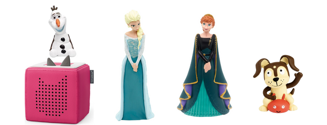 a pink speaker box with a snowman sitting on top and Disney's Elsa and Anna characters and a puppy