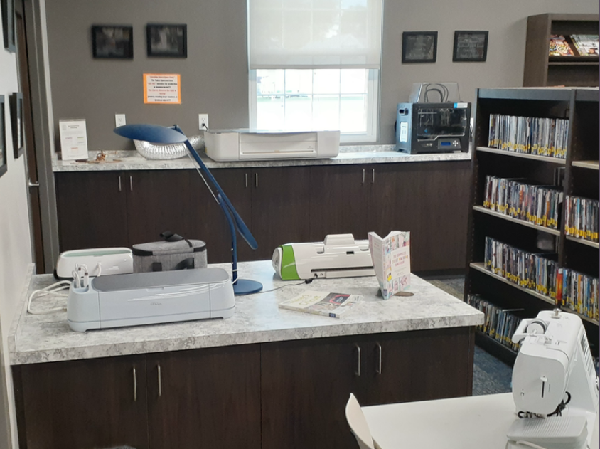 Makerspace machines laid out and ready for use at the Luckey Branch Library.