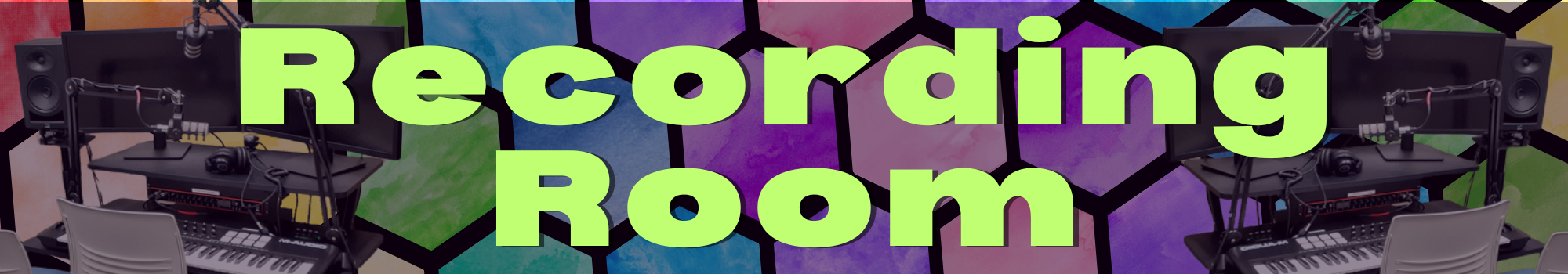 colorful honeycomb background with computer monitor, keyboard, and microphone over top