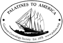 Logo for Palatines to America, stating it is German Genological Society established in 1975.