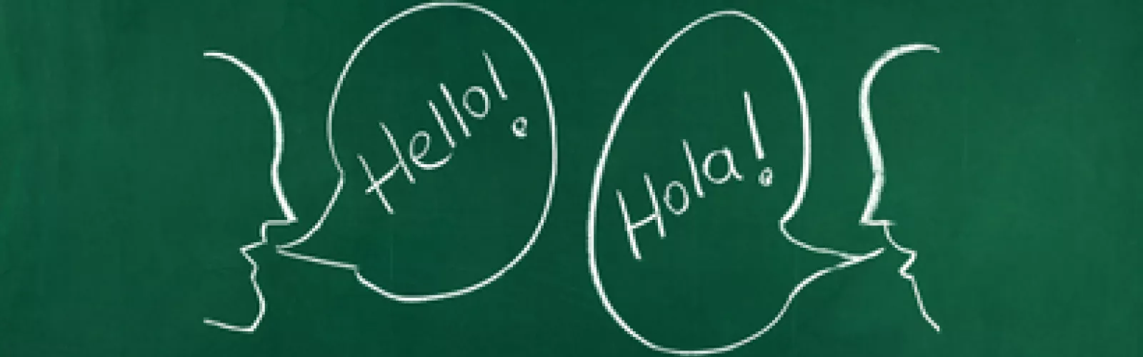 Green background with chalk outlined people saying, "Hello" and "Halo"